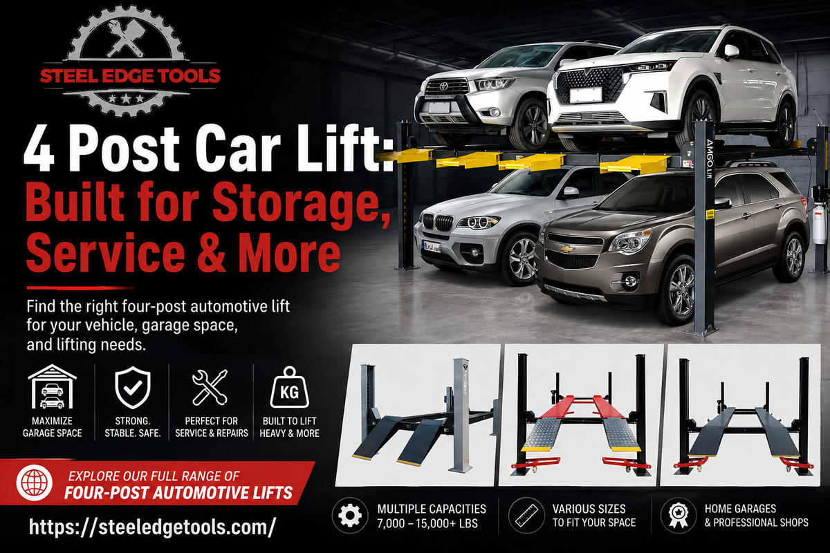 4 post car lift for vehicle storage, service, and repairs, featuring Steel Edge Tools automotive lifts.