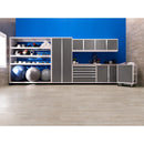 NewAge Pro Series 9 Piece Cabinet Set With Wall, Base, Tool Drawer Cabinet, 56 in. Integrated Shelf and 112 in. Worktop