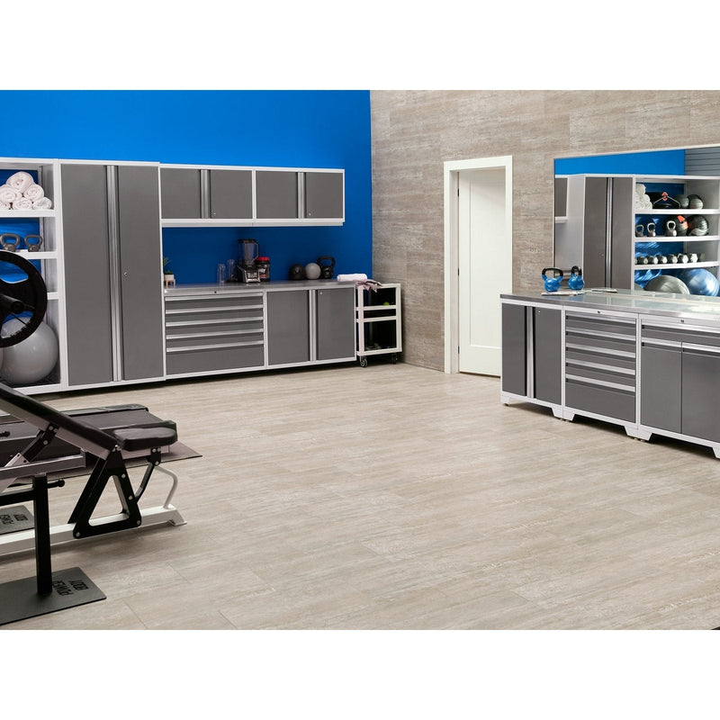 NewAge Pro Series 9 Piece Cabinet Set With Wall, Base, Tool Drawer Cabinet, 56 in. Integrated Shelf and 112 in. Worktop