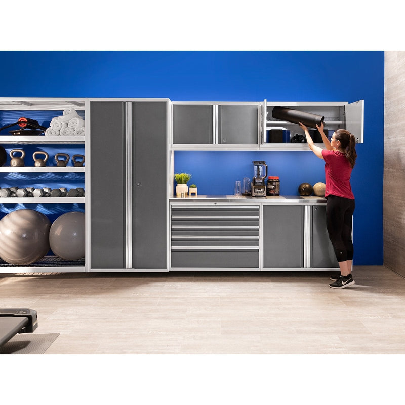 NewAge Pro Series 9 Piece Cabinet Set With Wall, Base, Tool Drawer Cabinet, 56 in. Integrated Shelf and 112 in. Worktop