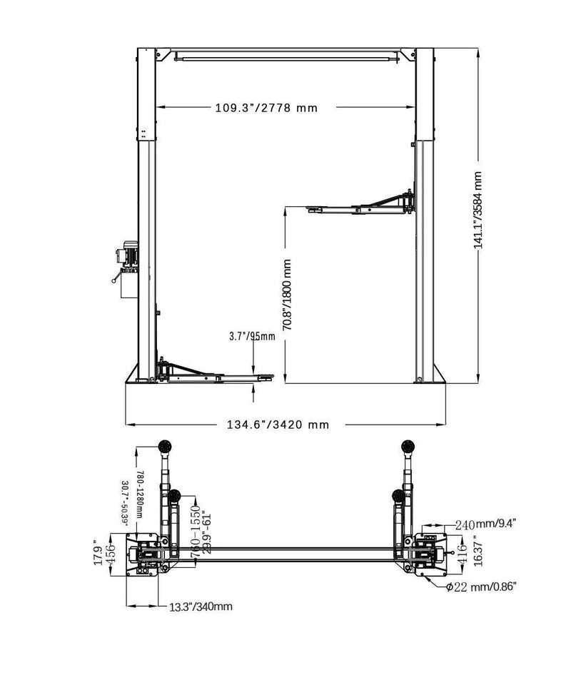 Katool | KT-AS110D Two Post Asymmetrical Vehicle Lift 11,000lbs Single Point Lock Release