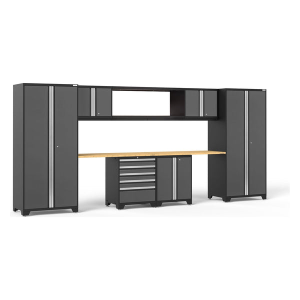 NewAge Pro Series 9 Piece Cabinet Set With Wall, Base, Tool Drawer Cabinet, 56 in. Integrated Shelf and 112 in. Worktop