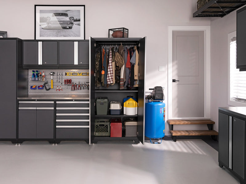 NewAge Pro Series Gray 10 Piece Cabinet Set With Wall, Tool Drawer, Multi-Function Cabinet, Lockers and 112 in. Worktop
